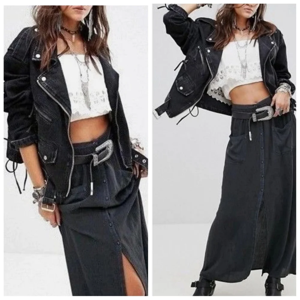 Free People Oversized Denim Belted Moto Jacket In Washed Black Size Small - Picture 4 of 8
